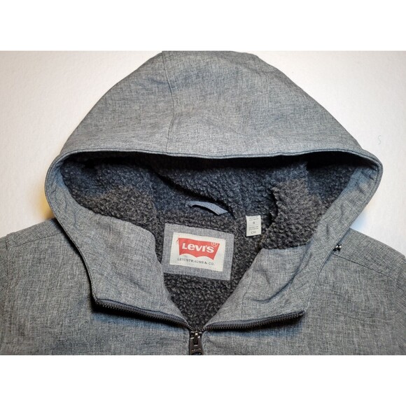 Levi’s Jacket Gray Hooded Black‎ Sherpa Lined Soft Shell Bomber Coat Mens Small - Picture 3 of 9